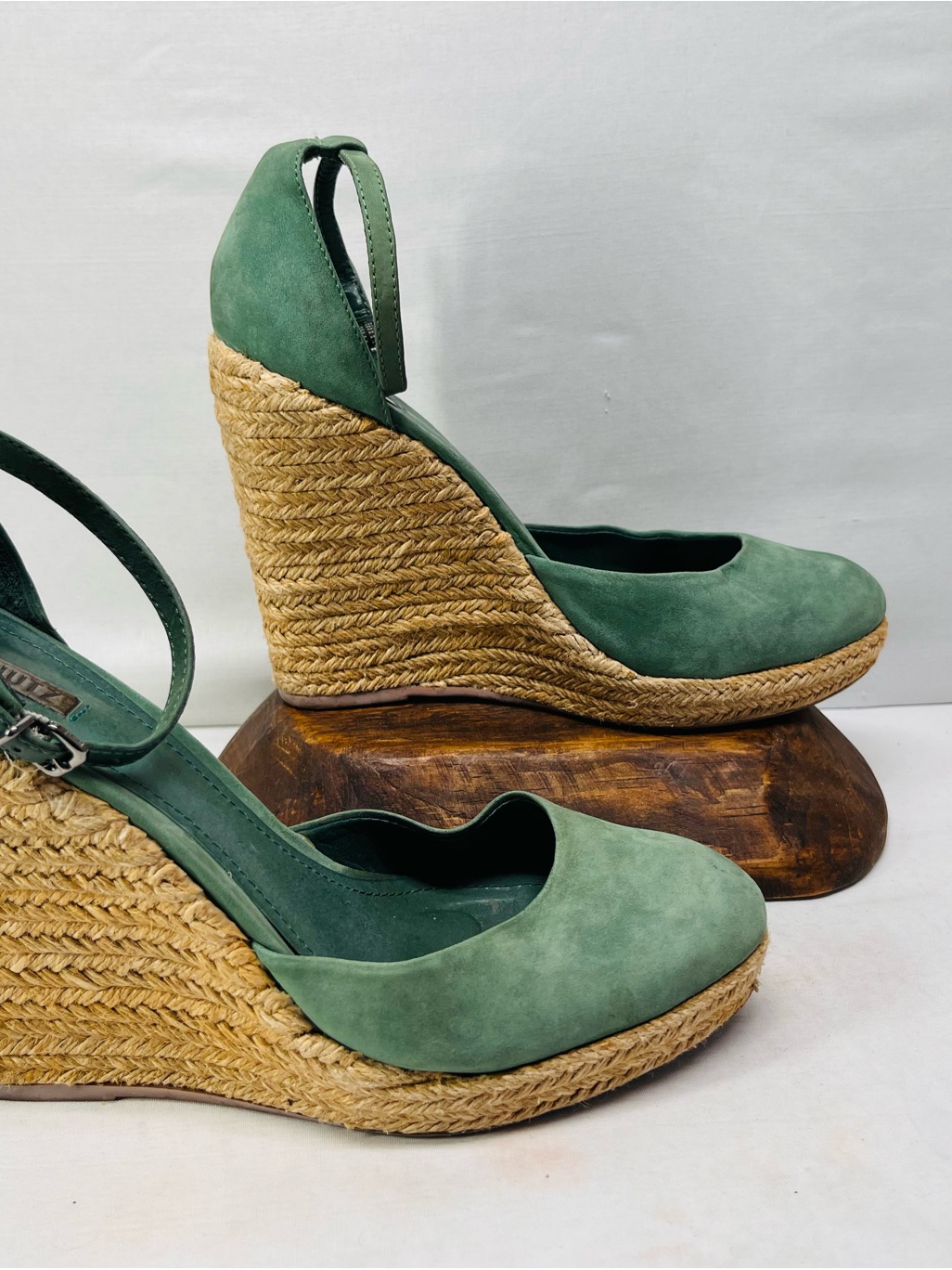 Schutz Green Suede Espadrille Wedge Sandals